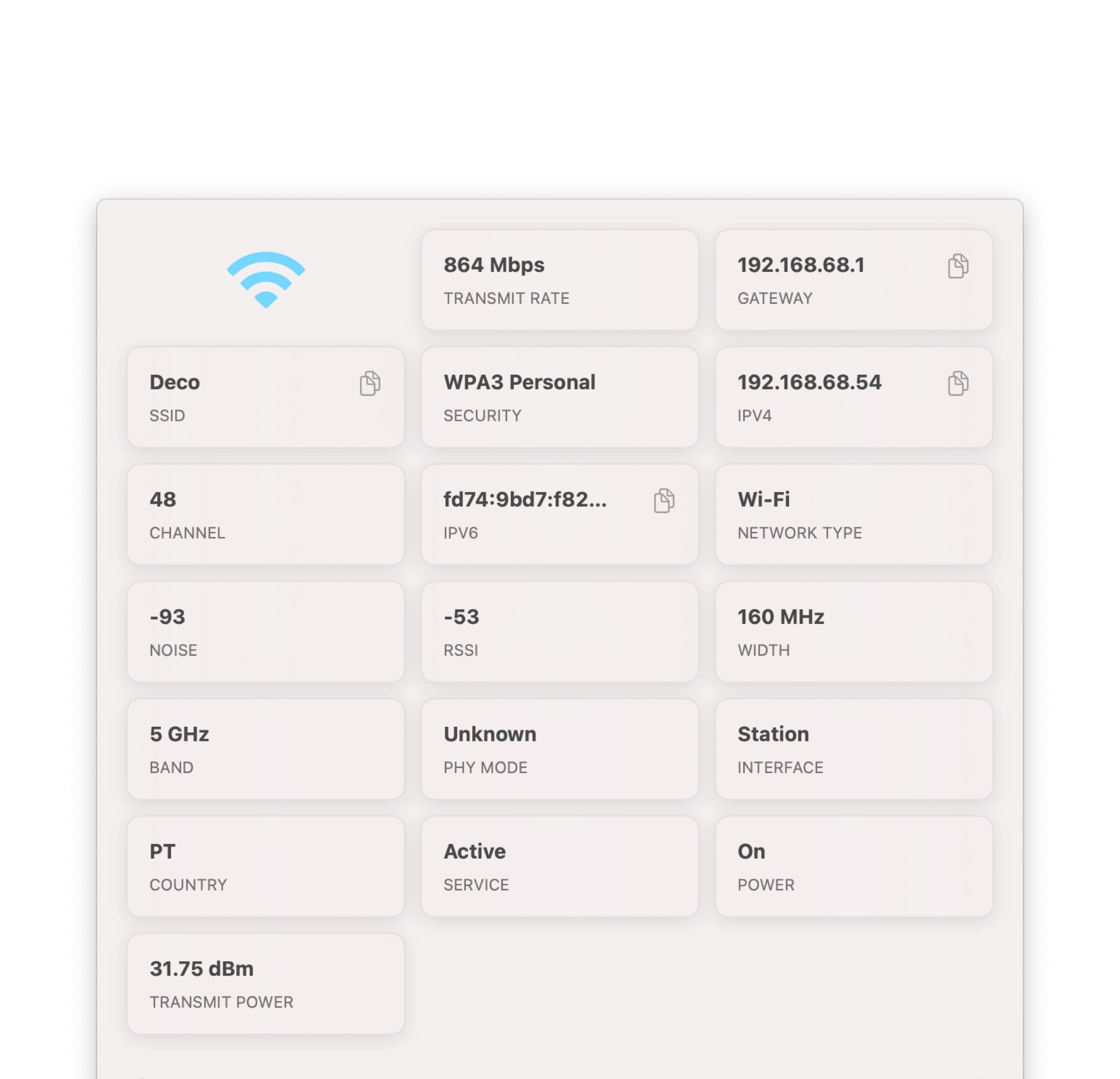 Wifilicious app interface showing signal strength, IP address, and network details