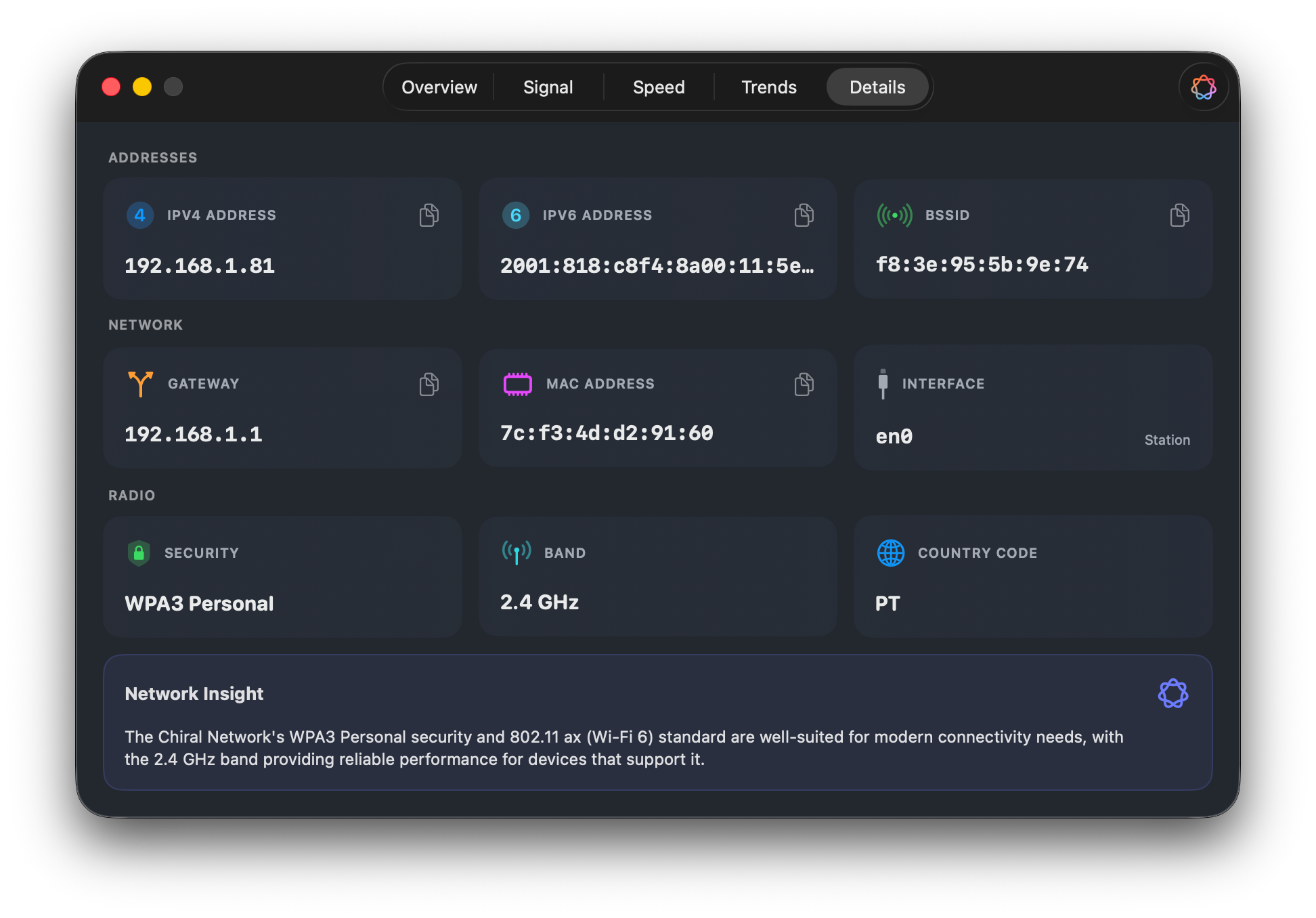 Wifilicious Details tab showing IPv4, IPv6, BSSID, gateway, MAC address, interface, security, band, country code