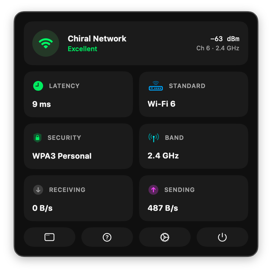 Menu bar popover with signal, latency, Wi-Fi standard, security, band, and live throughput